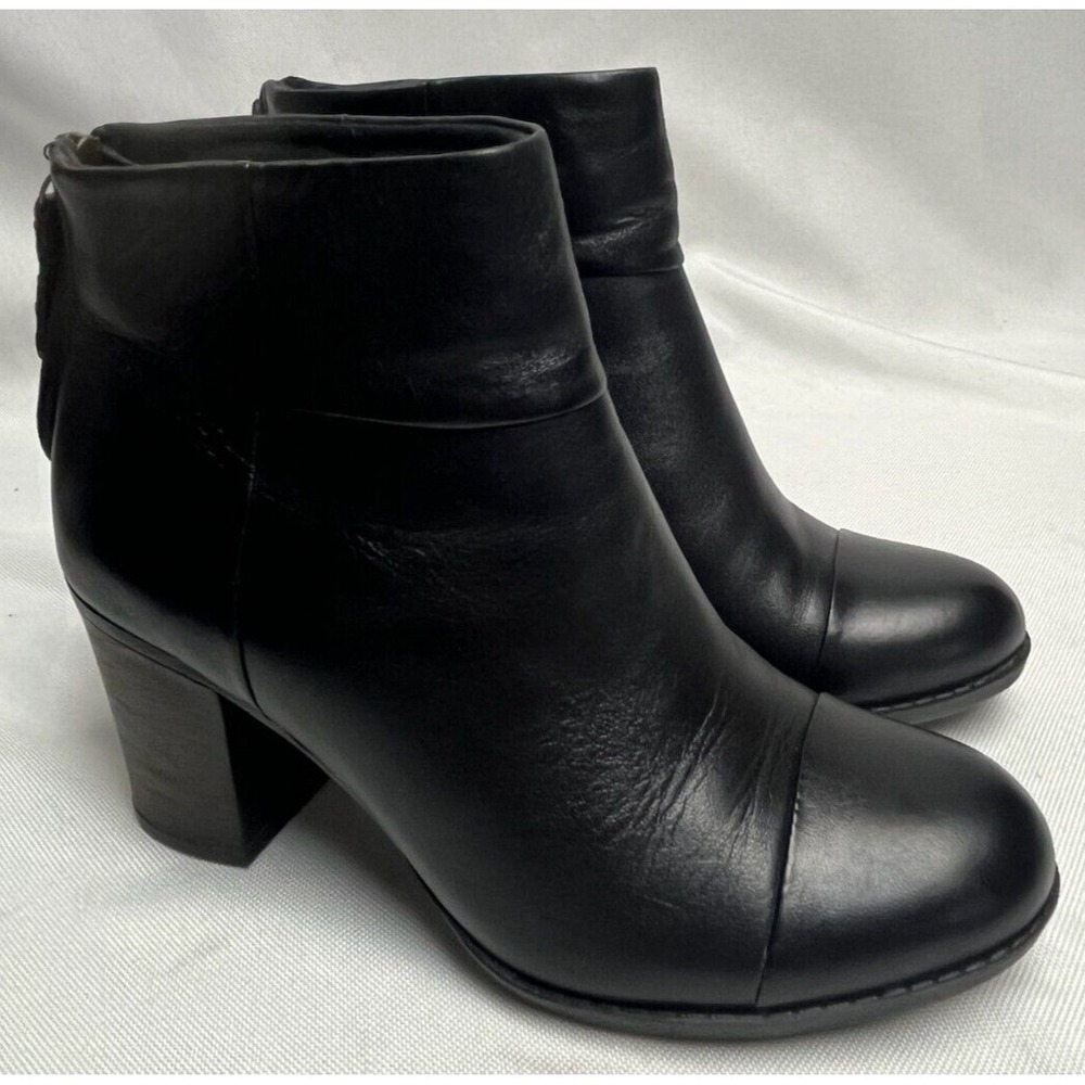 Clarks Women Size 6 Ankle Boots Black Leather Booties Enfield Tess Heel Zipper